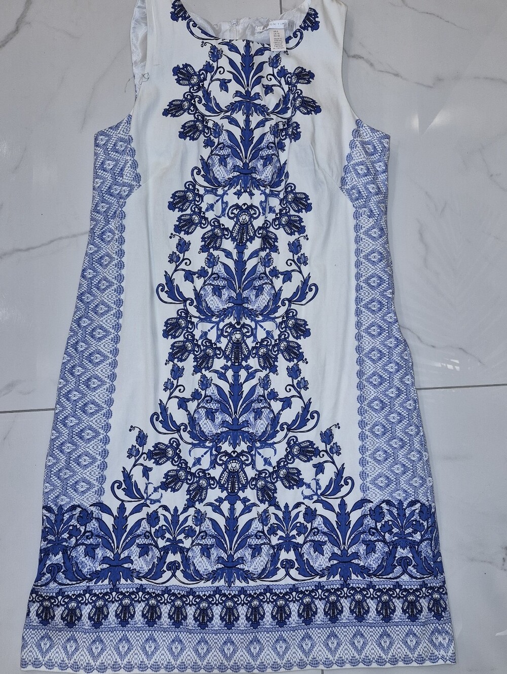 London Times White Dress with Blue Floral Print